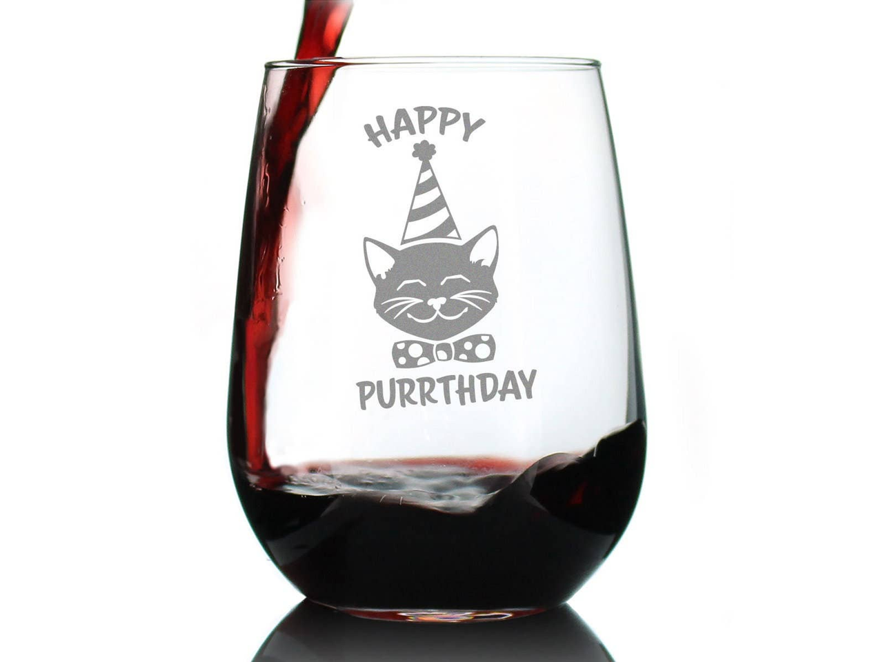 Happy Purrthday Stemless Wine Glass - Cat Birthday Gifts