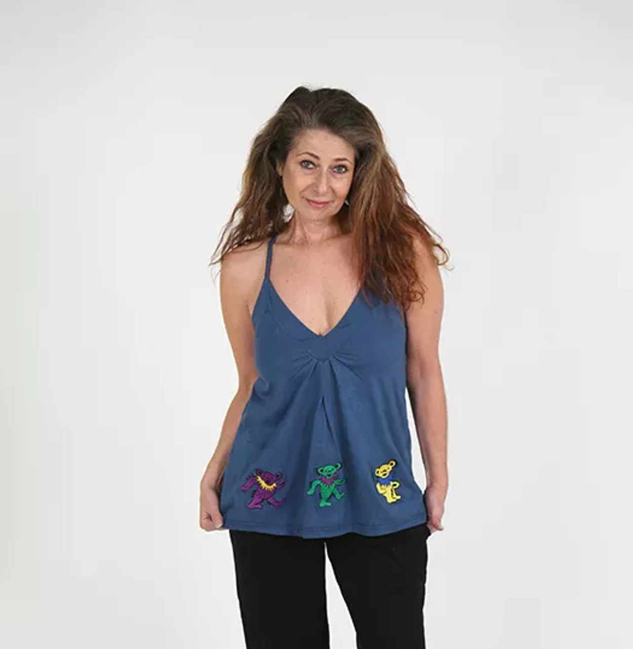 MAMA TRIED TOP Cotton Spaghetti Strap Flowy Grateful Dead Top With 5 Embroidered Bears - GDS101GDWtopGDS101-nvy-L