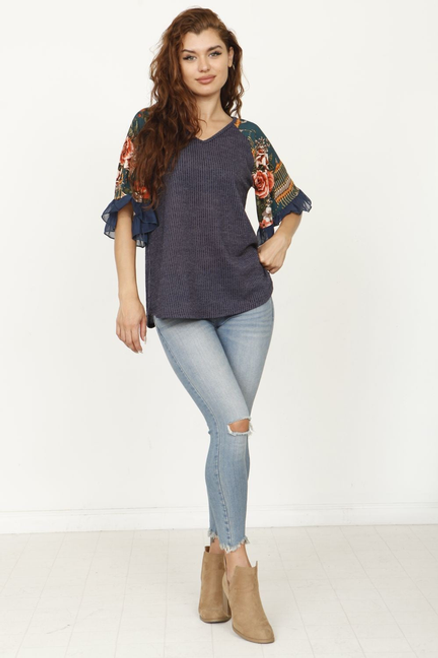Ribbed Floral Ruffle Sleeve V-Neck Tunic - 1Eloges2241