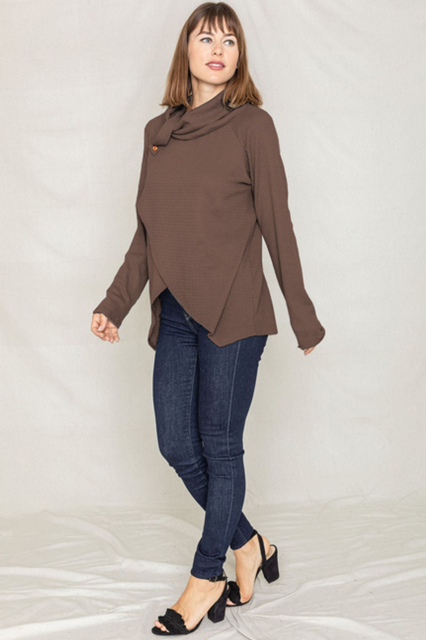 Waffle Knit Turtle Neck Tunic with Tab Accent - 1Eloges3179