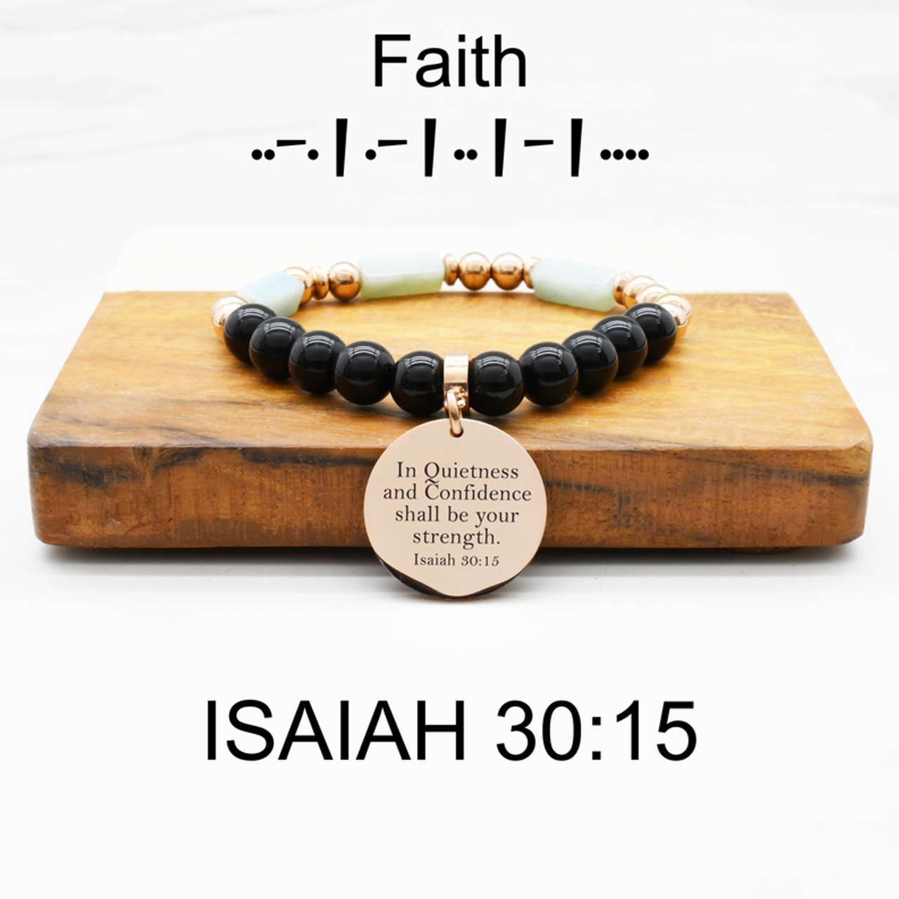 Natural Amazonite Obsidian Mix Faith Morse Code Scripture Bracelets in Rose Gold Plating - PinkBox3-9436