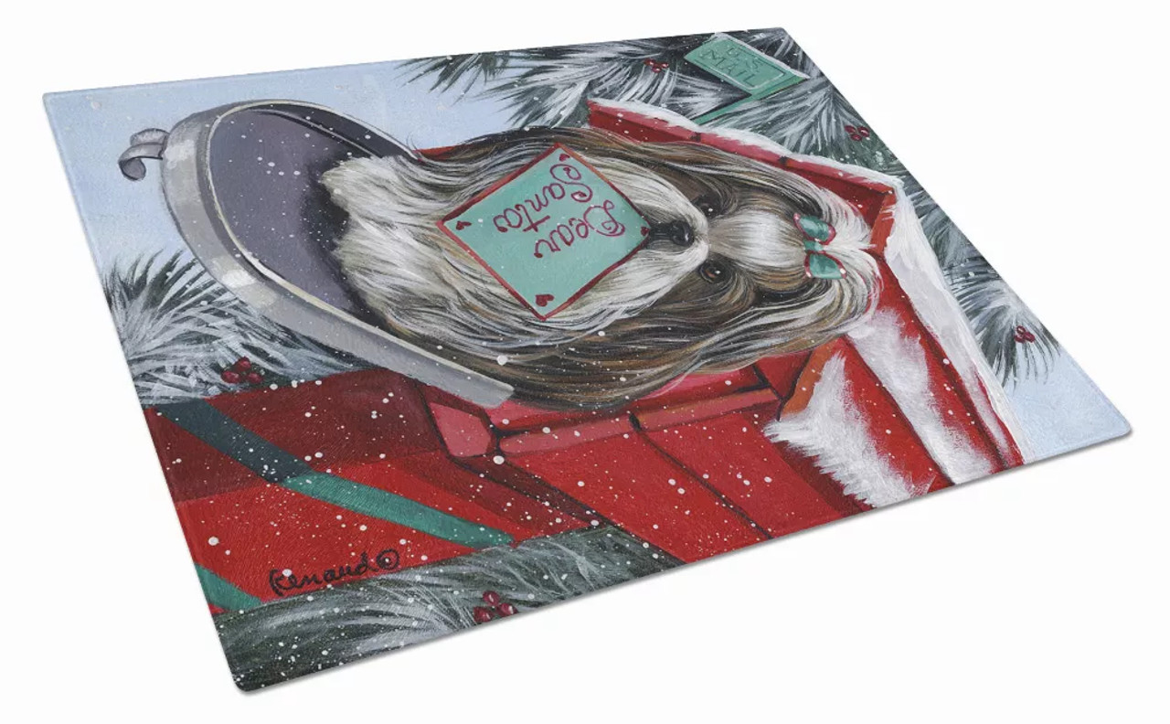 Christmas Dog Print Glass Cutting Board Large