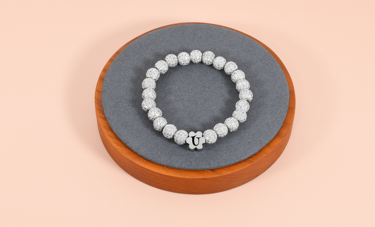 Iced Out Flower Initial Charm Stretch Bracelet By Pink Box - ICEDOUTFLOWERGMEDSLV