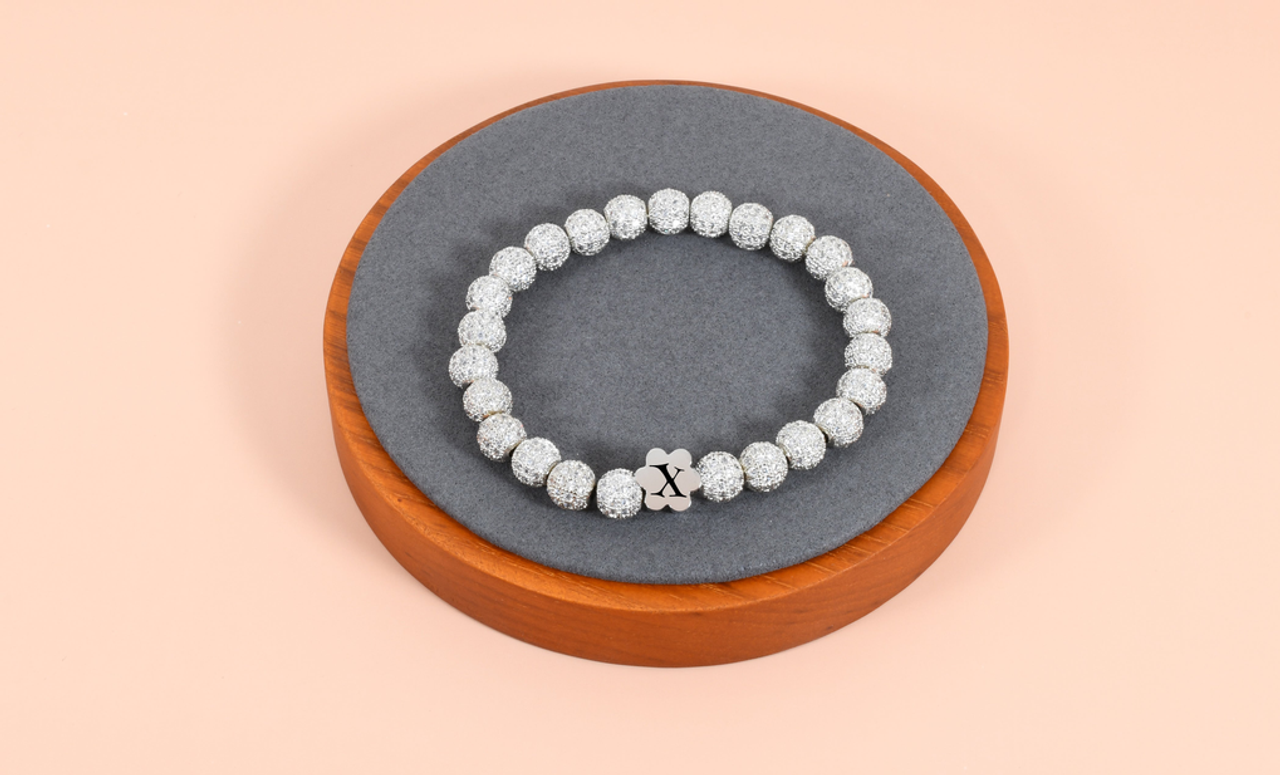Iced Out Flower Initial Charm Stretch Bracelet By Pink Box - ICEDOUTFLOWERXLRGSLV