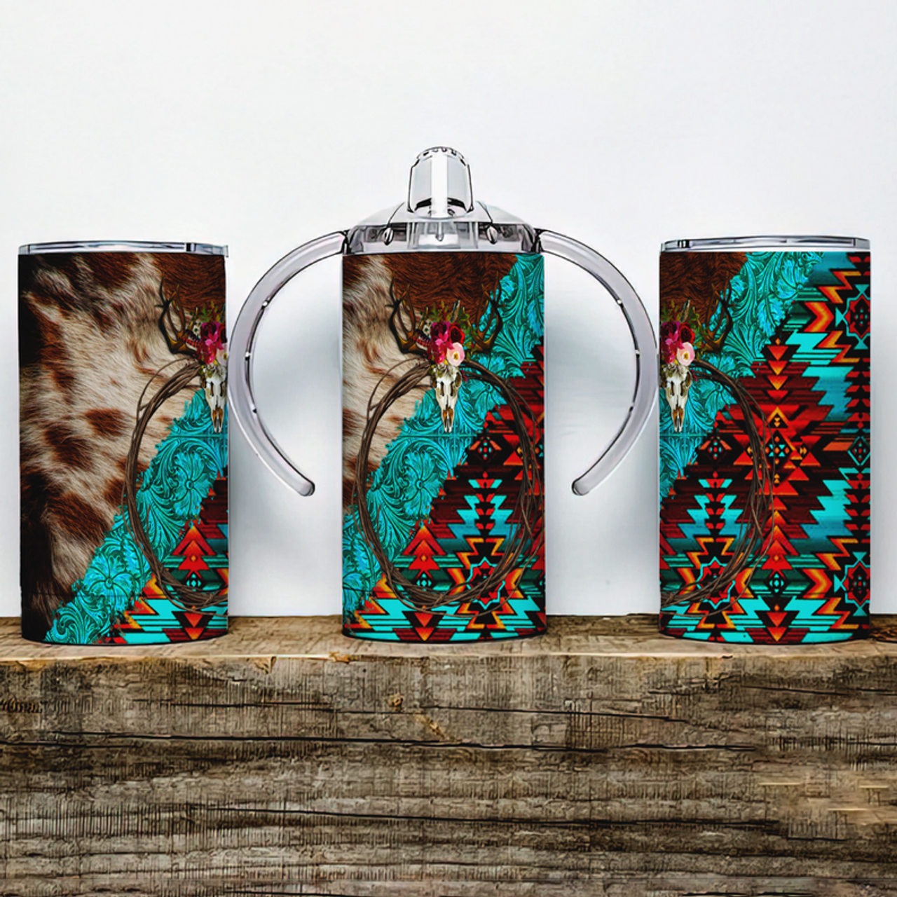 faux cowhide Aztec Deer Skull  Insulated Kids Dual Lid Sippy Cup Tumbler