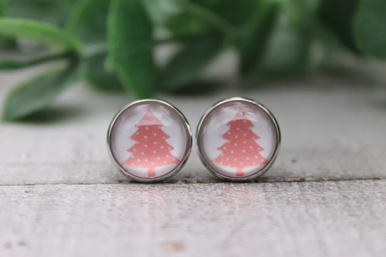 Polka Dot Christmas Tree on White | Glass Stud Earrings | Hypoallergenic