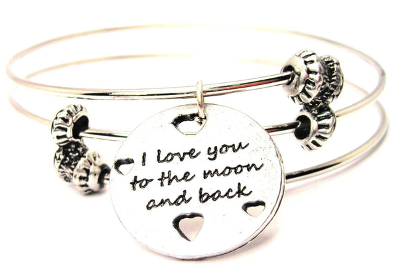 I Love You To The Moon And Back With Hearts Triple Wire Bangle Bracelet
