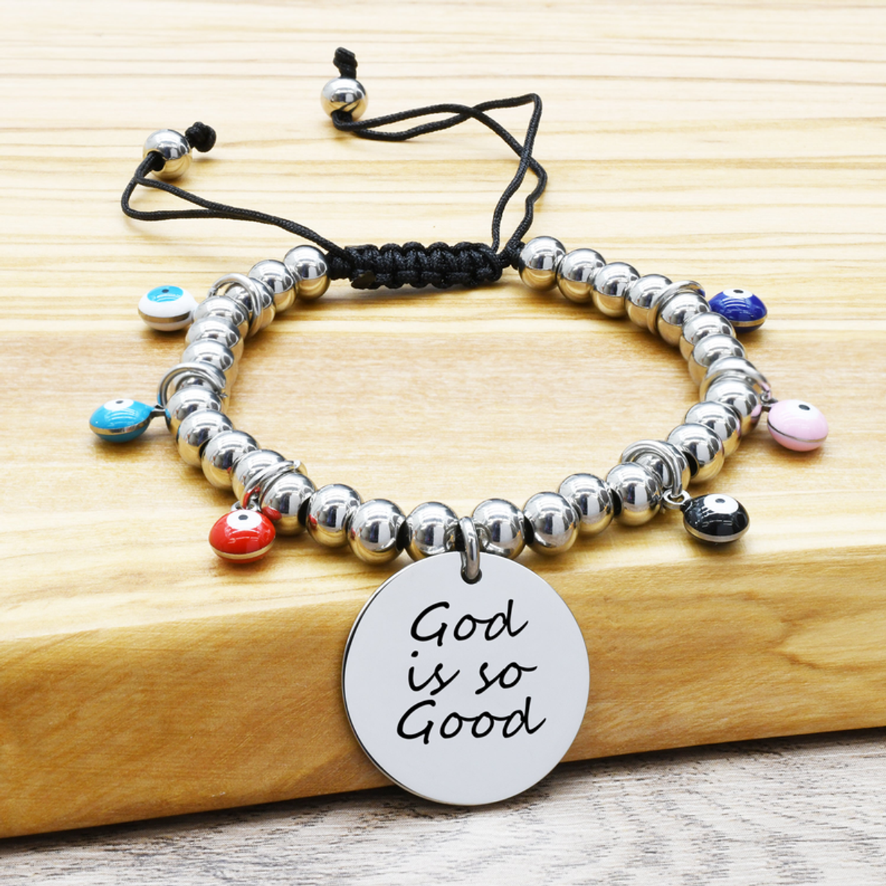 Pink Box Adjustable Evil Eye Inspirational Beaded Bracelets - 23.TIE.EE.22MM-GODISSOGOOD-SLV