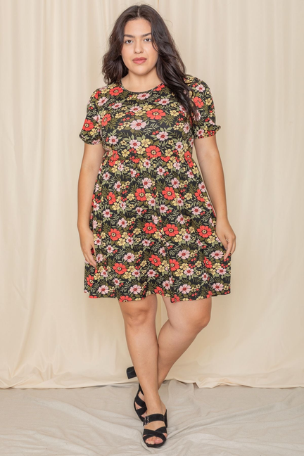 Cosmos Floral Puff Sleeve Knee Length Dress - 2ELOGES725