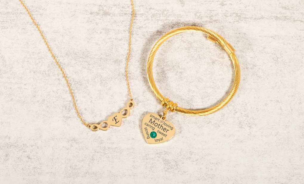 Mother Birthstone Initial Bracelet and Necklace Set - TINFNTYMOTHEREMAYGLD