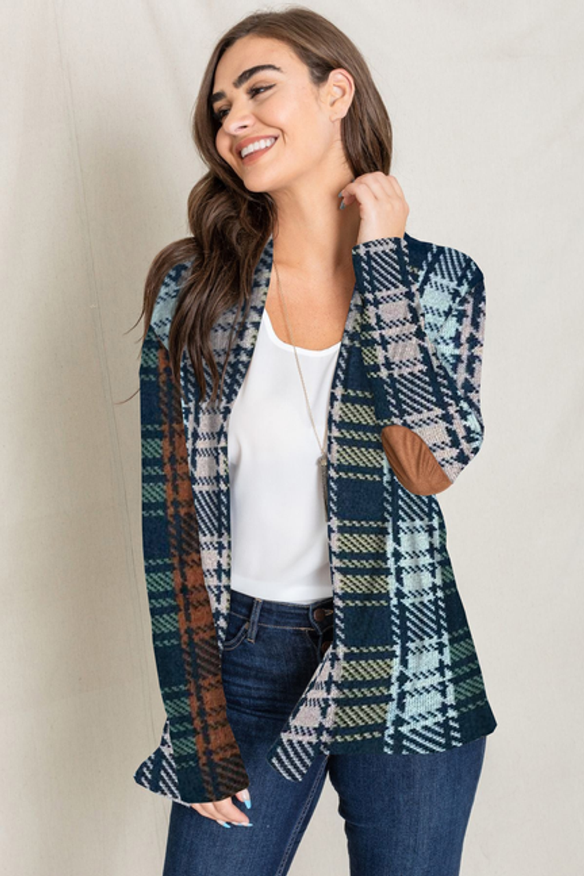 Brushed Multi Color Tartan Plaid Cardigan with Suede Elbow Patch