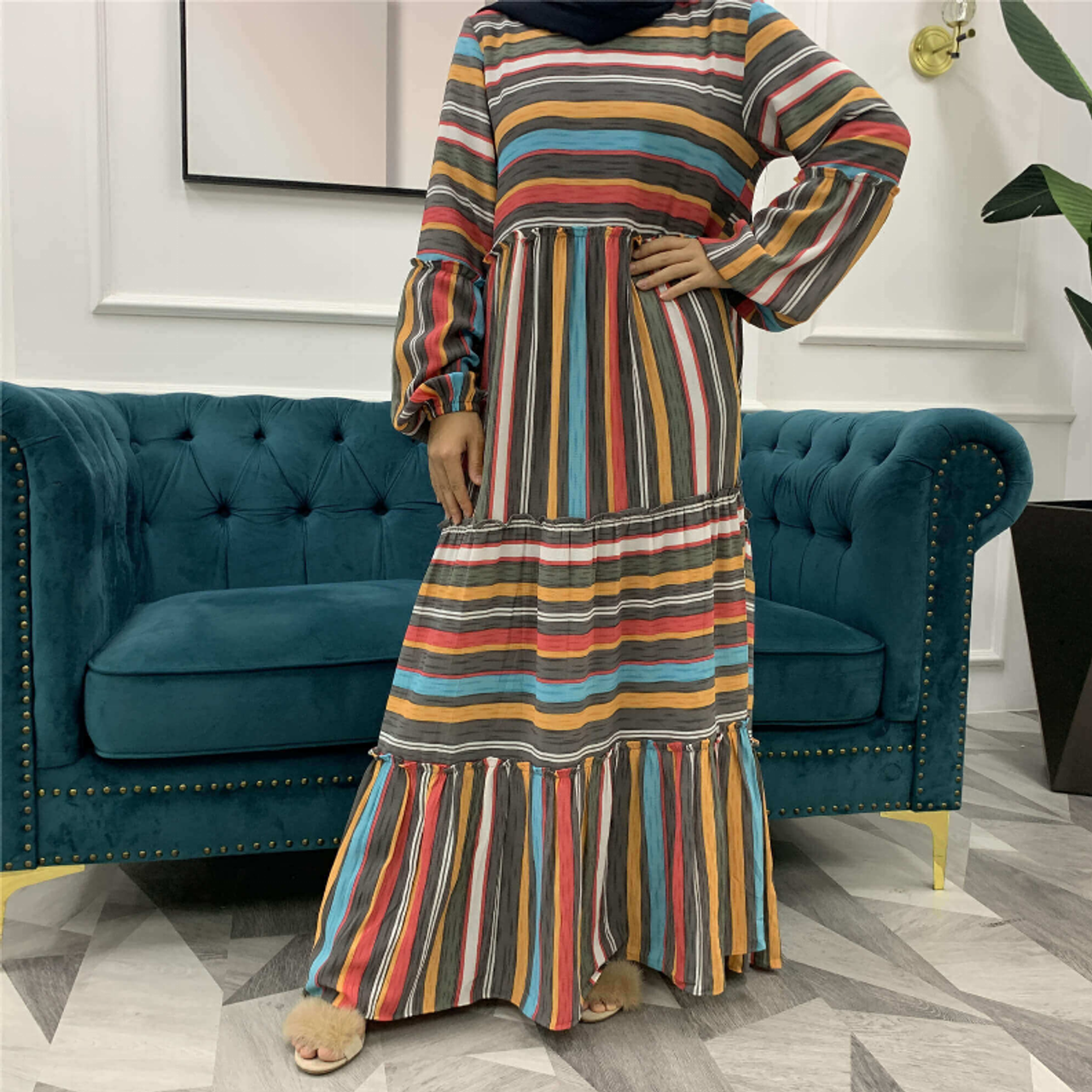 Striped Bubble Chiffon Long Maxi Dress - S001565B002148P000247V002 Striped Bubble Chiffon Long Maxi Dress - S001565B002148P000247V002