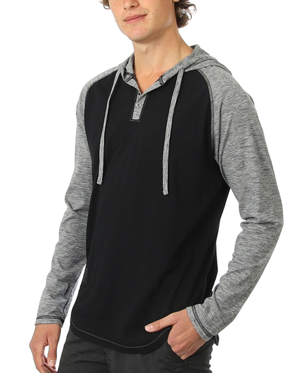 ZIMEGO Long Sleeve Raglan Henley Round Bottom Hood T-Shirts - ZFLS140H-BLK-DGRY-M