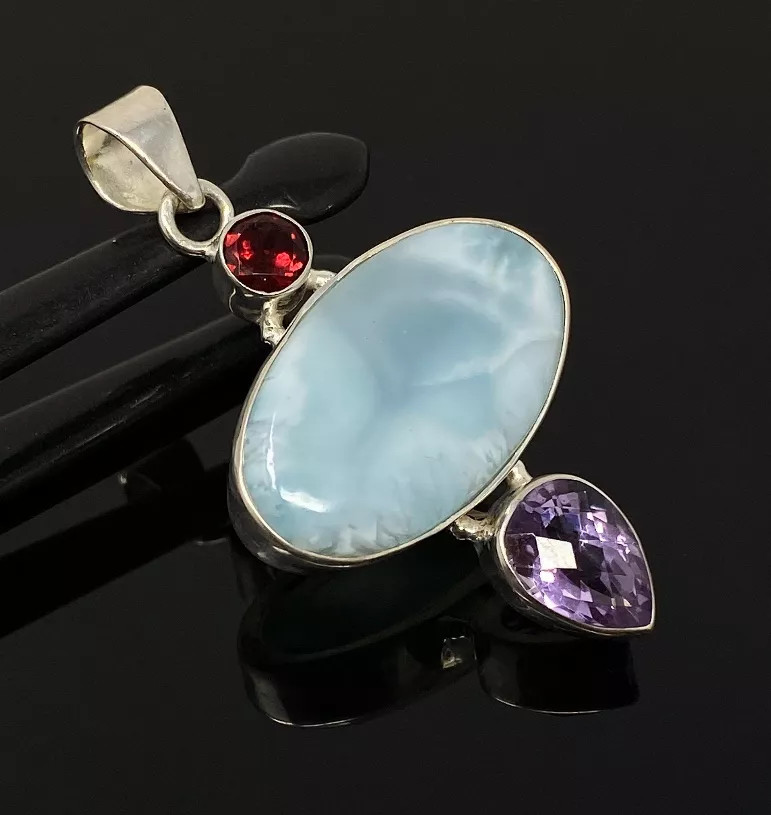 Natural Larimar, Garnet and  Amethyst Gemstone Pendant, Sterling Silver Jewelry, Larimar Pendant, Amethyst Pendant, Bohemian Jewelry