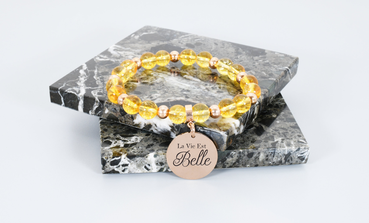 Natural Citrine Inspirational Stretch Bracelet In Rose Gold Accent By Pink Box - MCITRINELESSWORRYRGD