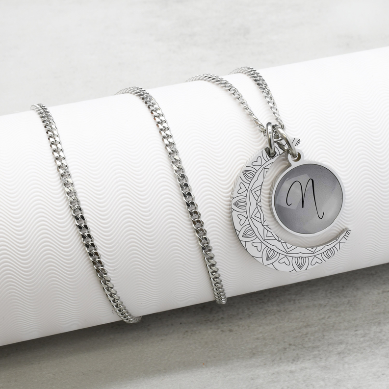 Pastel Grey Love Mandala Moon Initial Cabochon Toggle Necklace