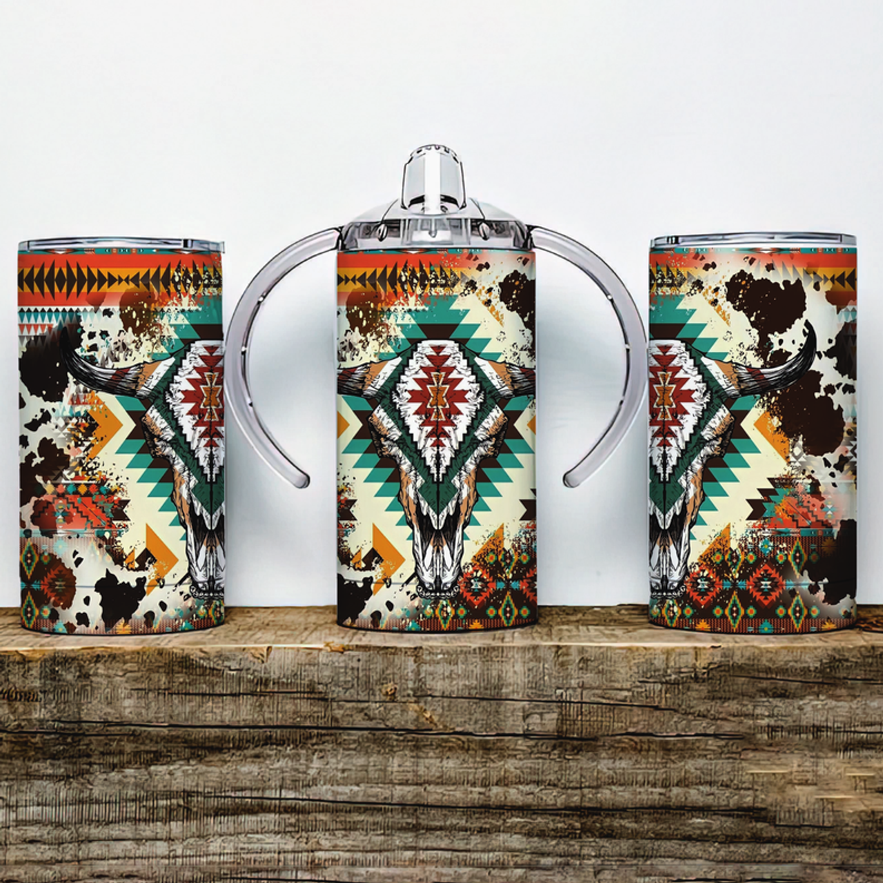 Western Aztec Bull Skull Insulated Kids Dual Lid Sippy Cup Tumbler