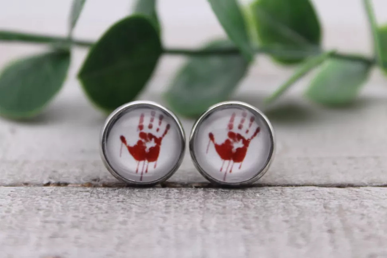 Bloody Hand Print || Glass Stud Earrings || Hypoallergenic