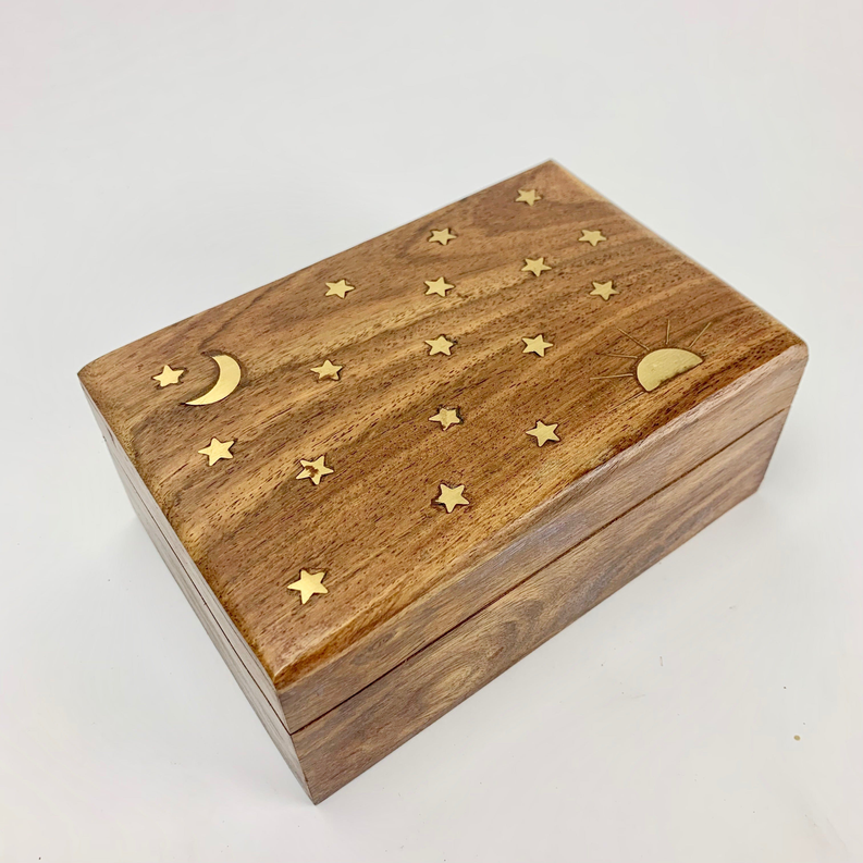 Celestial Rising Sun Inlay Wooden Crystal Box