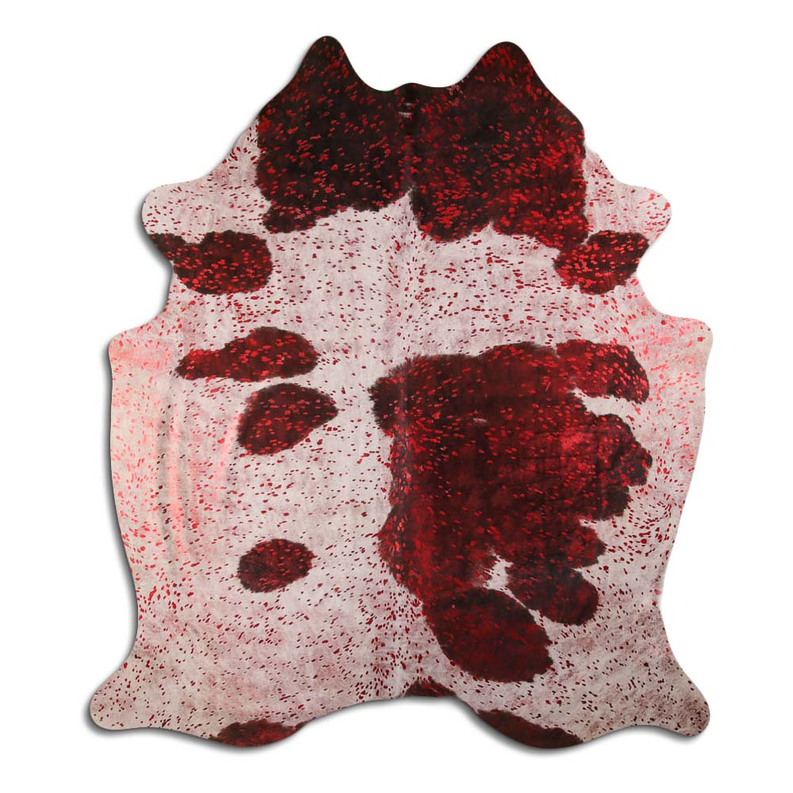 ACID WASHED HAIR ON COWHIDE RED METALLIC ON BLACK AND WHITE