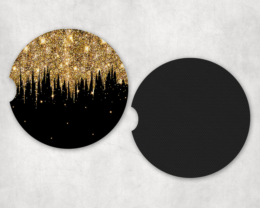 Black Gold faux glitter Drip Neoprene Car Coaster Set - 3155841