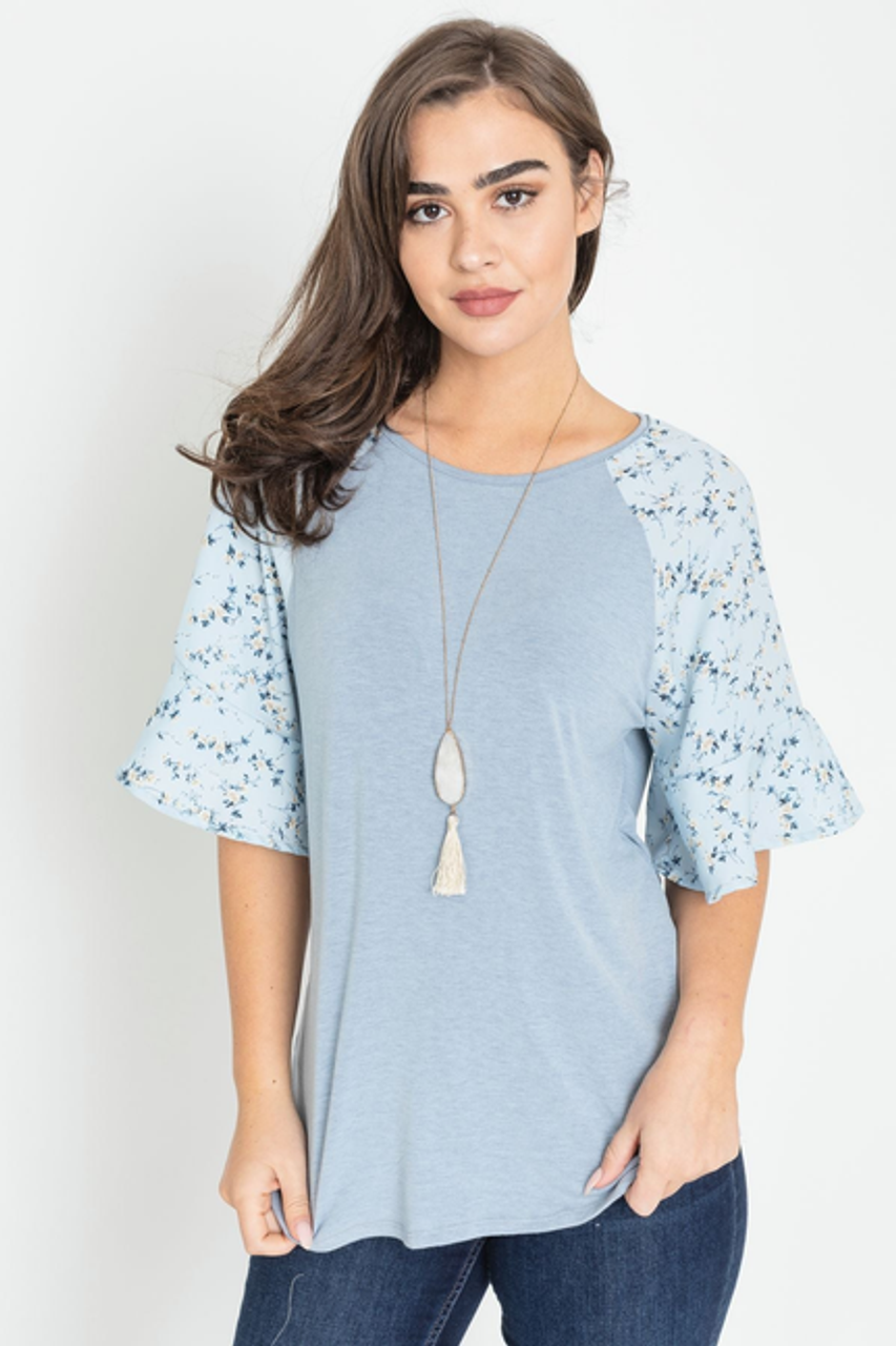 Ditsy Floral Raglan Ruffle Sleeve Tunic - F3-Eloges-998