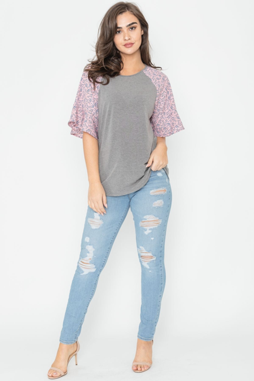 Ditsy Floral Raglan Ruffle Sleeve Tunic - F3-Eloges-1005