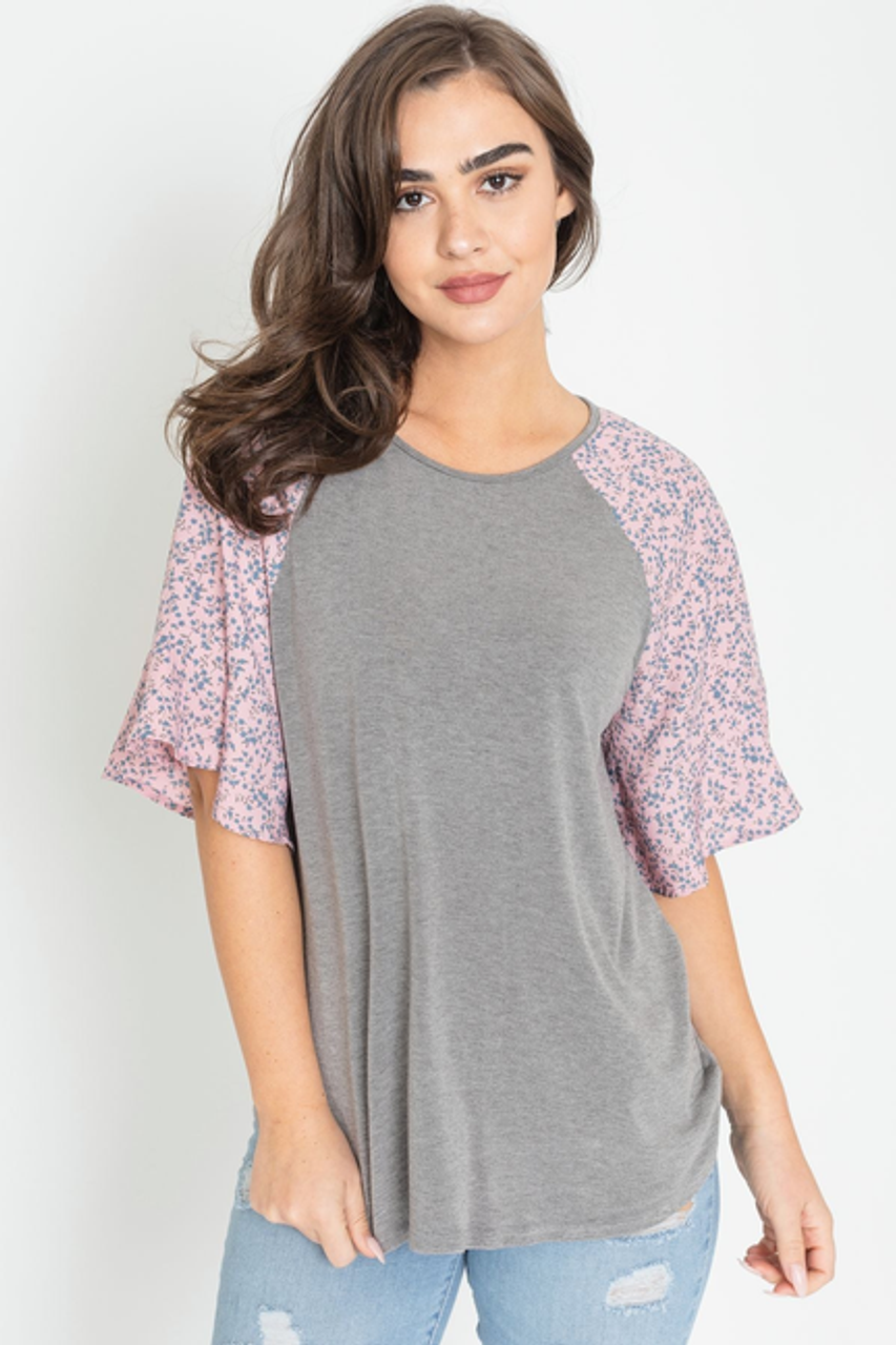 Ditsy Floral Raglan Ruffle Sleeve Tunic - F3-Eloges-1006
