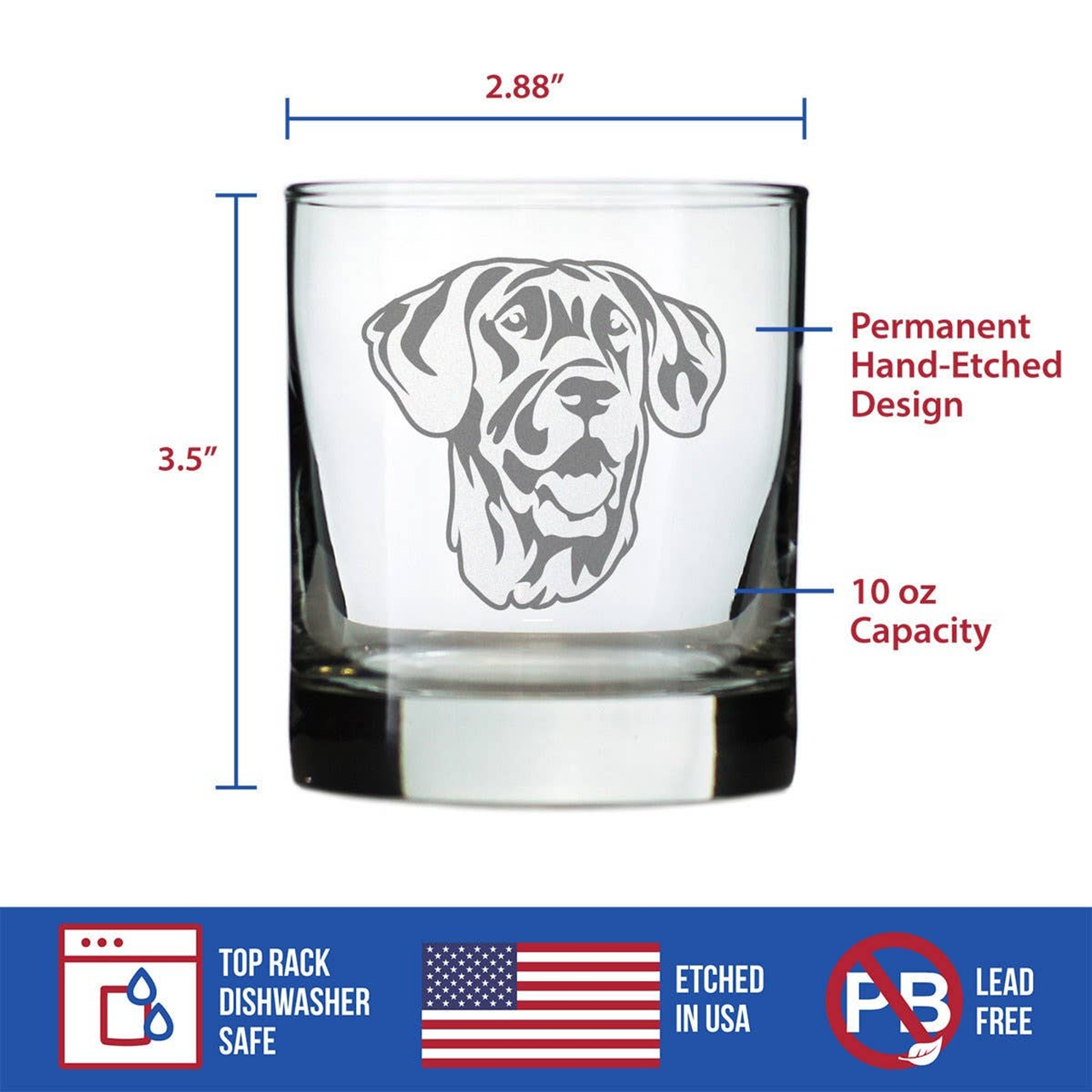 Great Dane Face Whiskey Rocks Glass - Great Dane Gifts