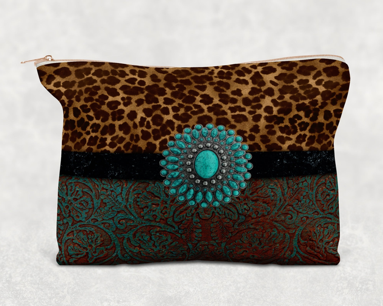 Leopard Print Faux Leather Buckle  Printed Canvas Zipper Bag