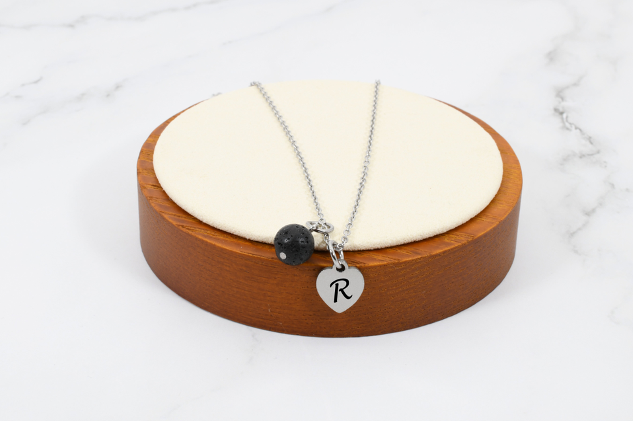 11mm Tiny Heart Intial Necklace With 8mm Natural Lava By Pink Box - TINYHRTLAVAR