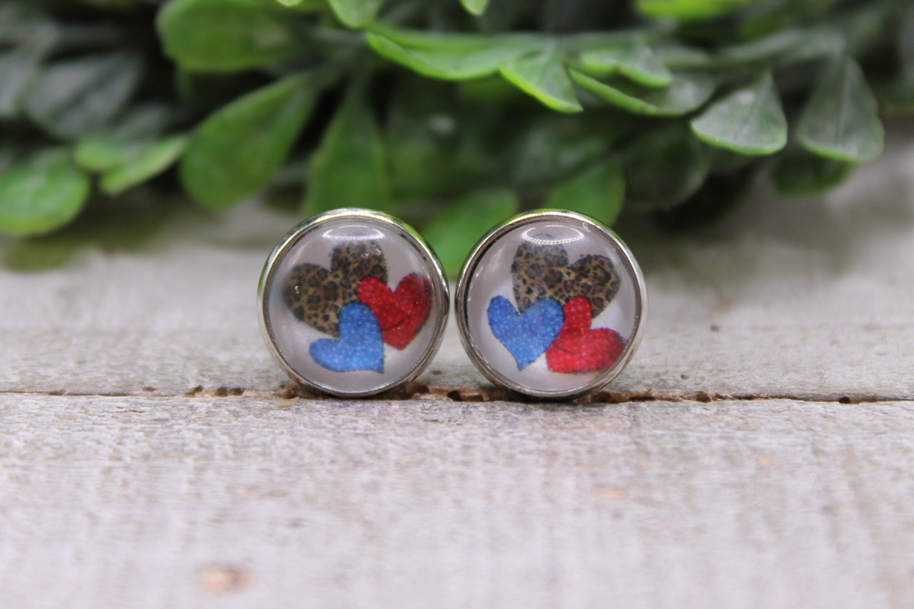 Leopard, Red & Blue Heart Trio || Stud Earrings
