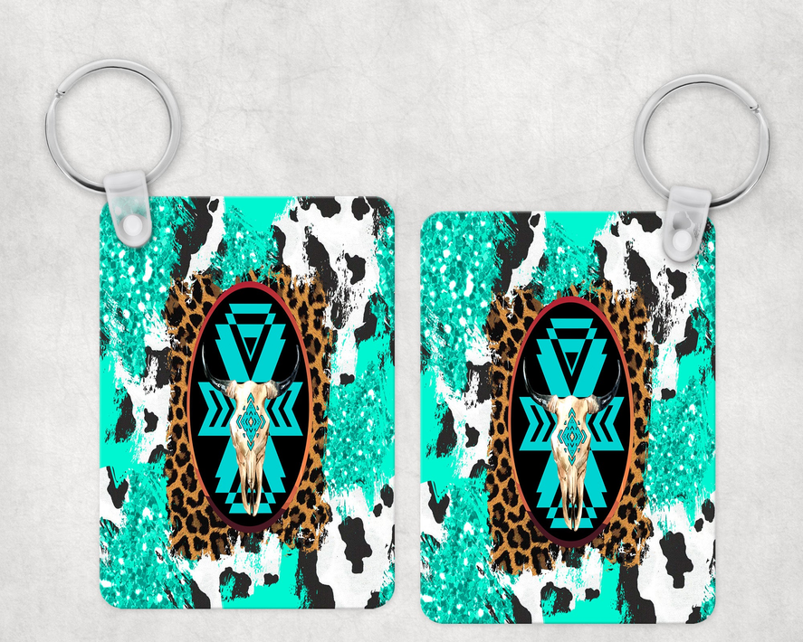 Blue Cow Print Bull Skull Keychain