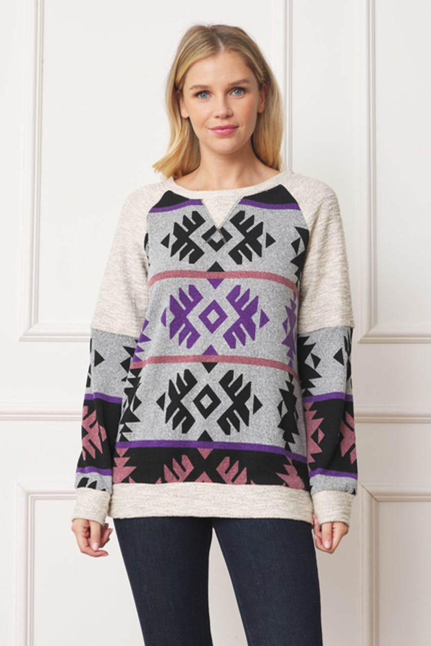 Aztec Print Terry Trim Raglan Tunic - 2ELOGES263