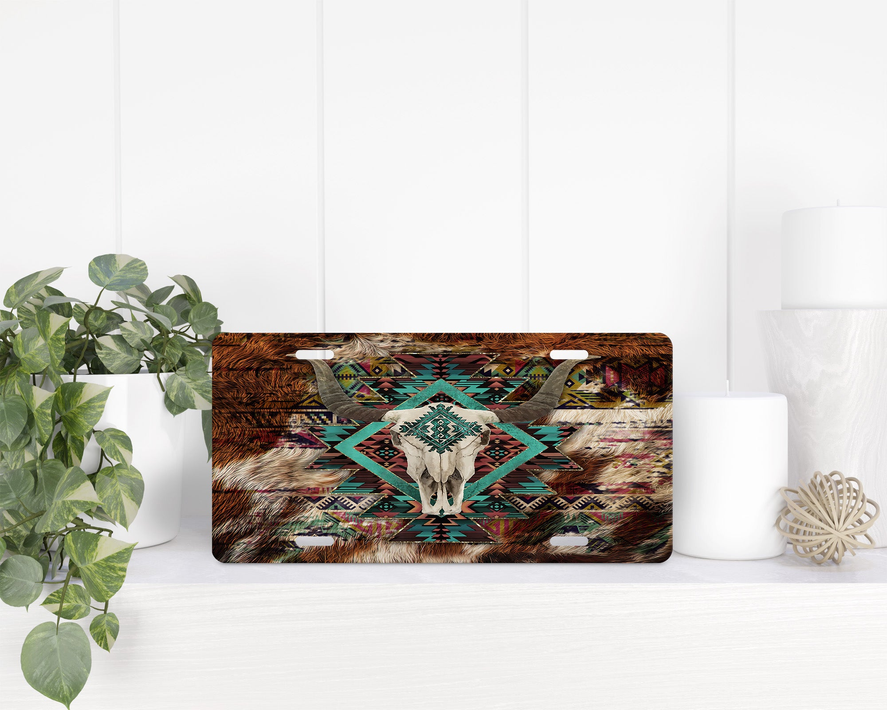 Western Aztec Bull Skull License Plate