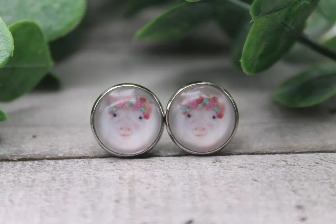 Floral Crown Pig  Glass Stud Earrings