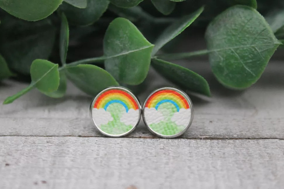Rainbows on Green  Faux Leather Stud Earrings