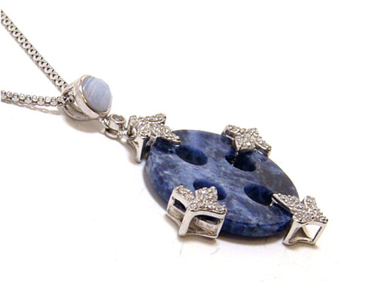 Natural Sodalite & Blue Lace Circle Pendant, 925 Sterling silver, Platinum