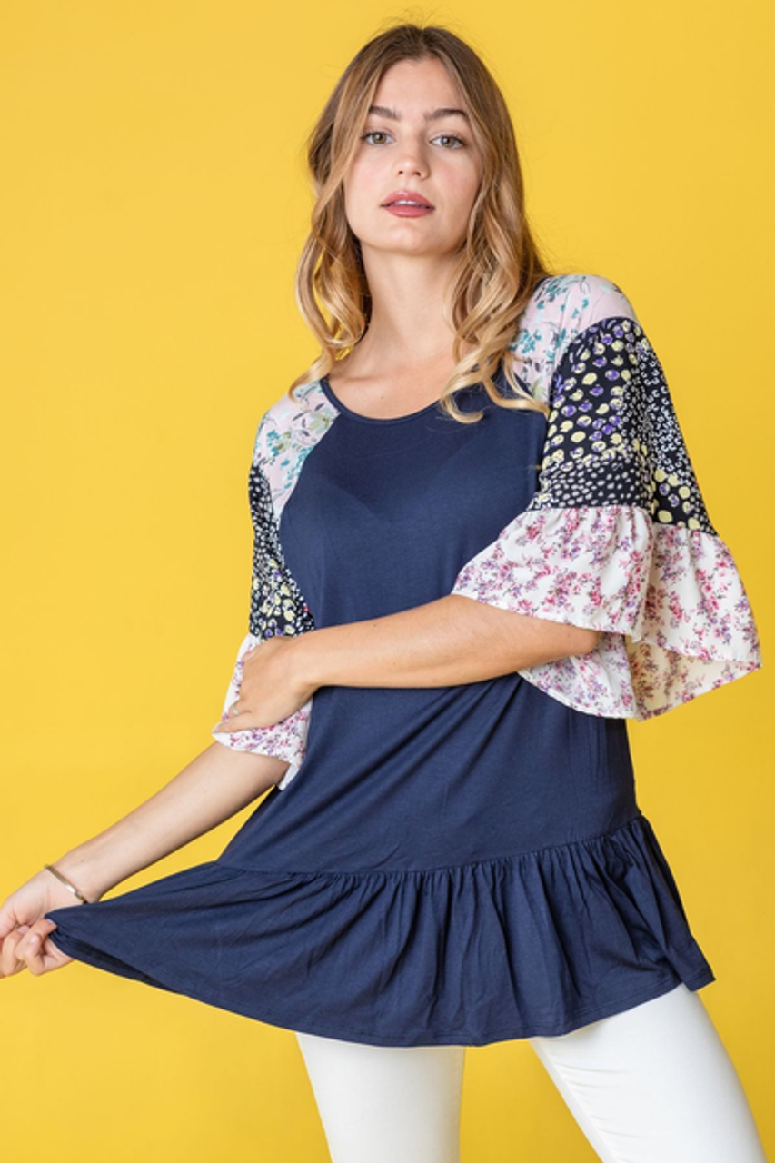 Floral Color Block Ruffle Sleeve Tunic With Ruffle Hem - 2ELOGES1285