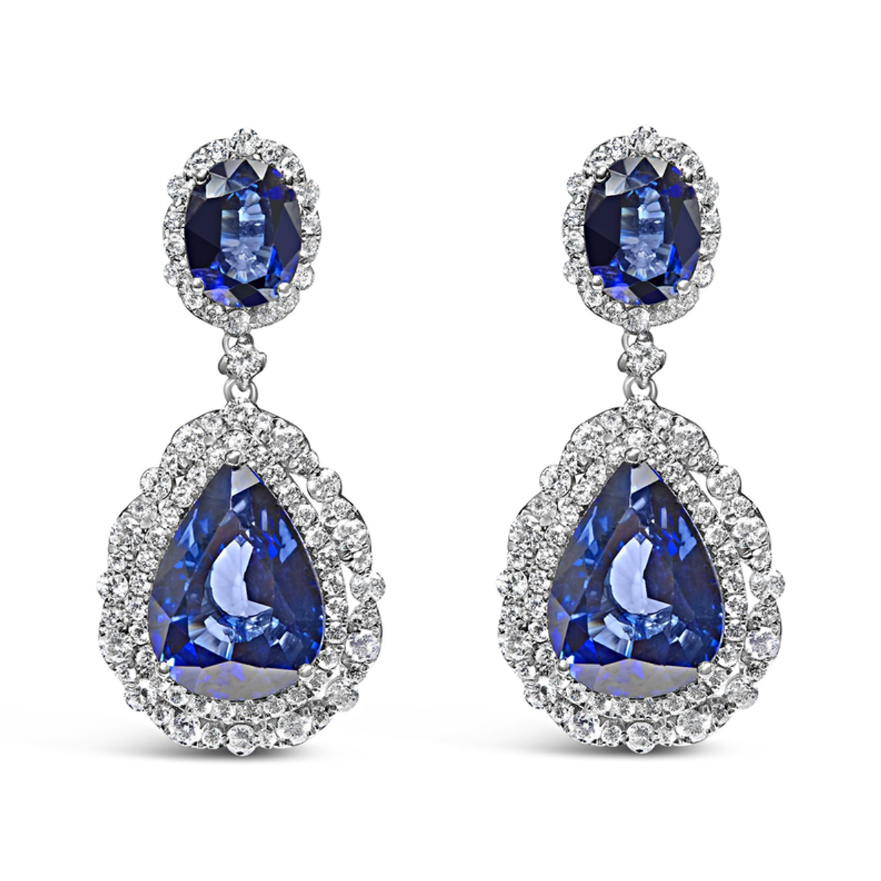 18K White Gold Blue Sapphire 2 3/4 Cttw Diamond Halo Drop Dangle Earring (G-H Color, SI1-SI2 Clarity)