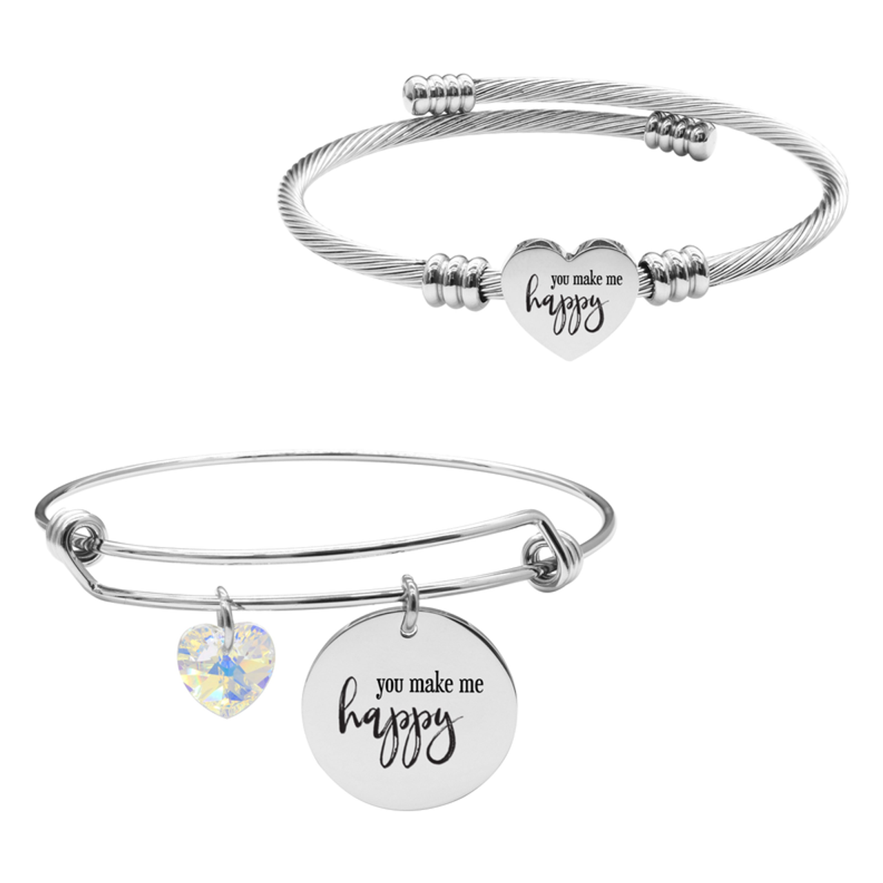 Wire Bangle With Heart Austrian Crystal And Heart Cable Set By Pink Box Part 1 - 23.SET-SWABNGL.OHC-HAPPY-SLV