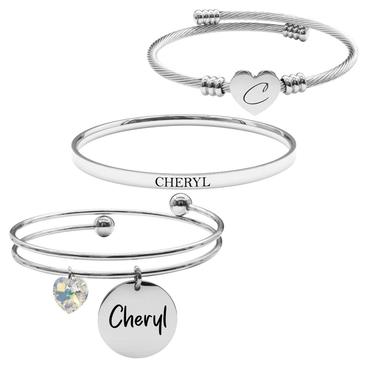 Womens 3 Piece Silver-tone Womens Personalized Bracelet Set - SET.SWA-DBL.RNDBNGL.OHC-CHERYL-SLV