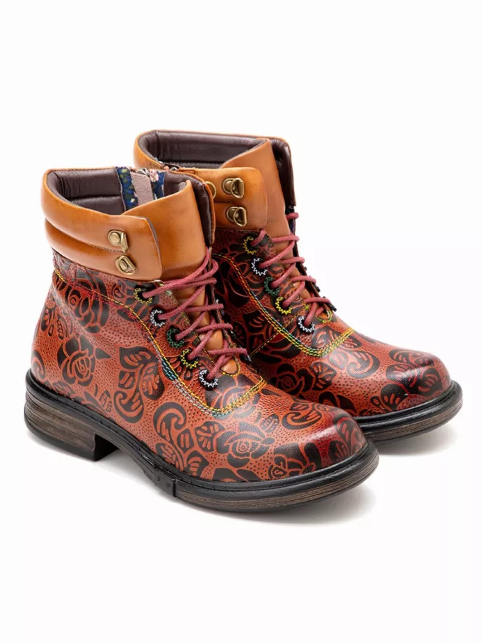 Soffia | Rose Leaf Printed Lace Up Leather Combat Boot - S001273B001855P000097V004 Soffia | Rose Leaf Printed Lace Up Leather Combat Boot - S001273B001855P000097V004