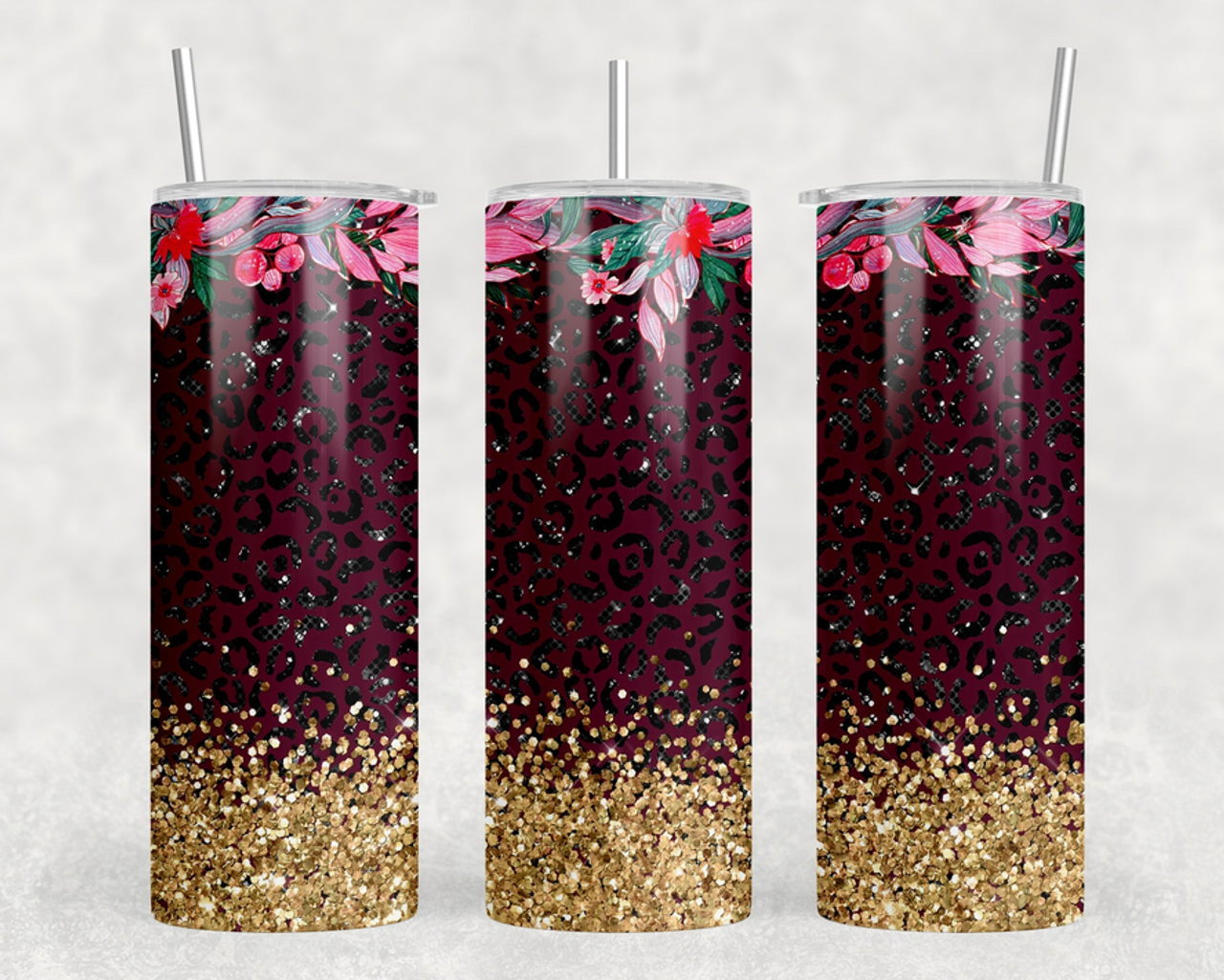 Leopard Print Floral|Skinny Tumbler|Optional Bluetooth Speaker| Speaker Color Varies