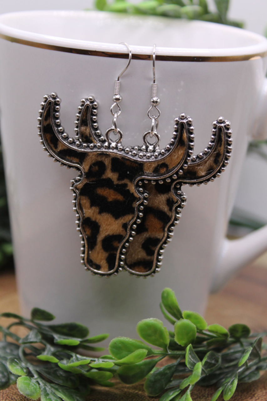 Leopard Faux Fur Steer Skull || Dangle Earrings
