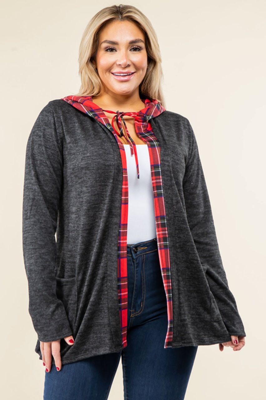 Red Plaid Hooded Cardigan - F3-Eloges-3629