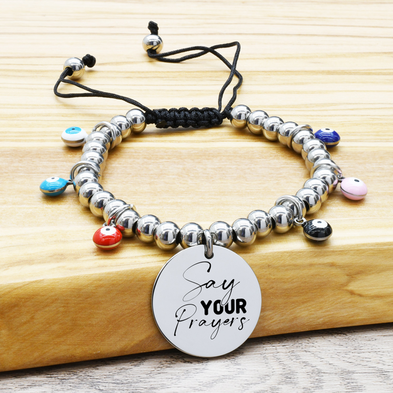 Adjustable Evil Eye Inspirational Beaded Bracelets - 23.TIE.EE.22MM-SVG-SAYYOURPRAYERS