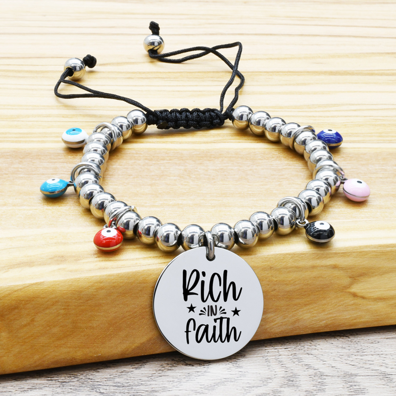 Adjustable Evil Eye Inspirational Beaded Bracelets - 23.TIE.EE.22MM-SVG-RICHINFAITH