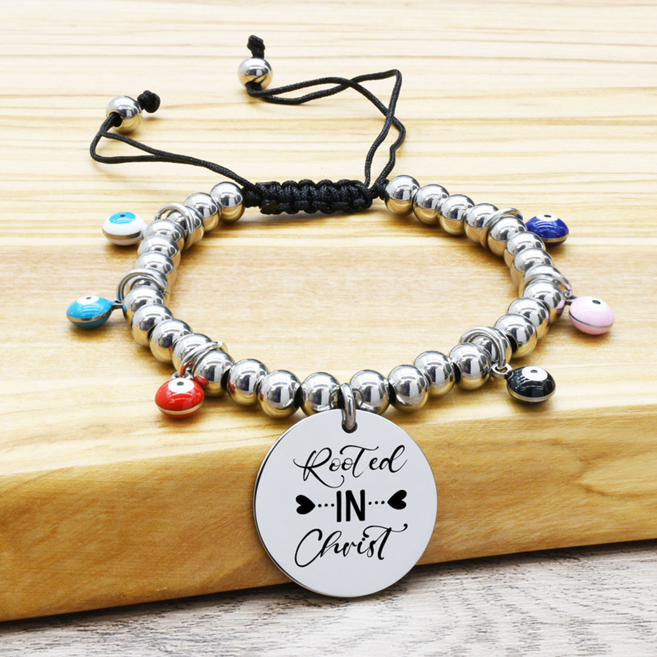 Adjustable Evil Eye Inspirational Beaded Bracelets - 23.TIE.EE.22MM-SVG-ROOTEDINCHRIST