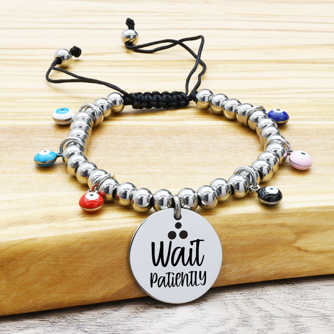 Adjustable Evil Eye Inspirational Beaded Bracelets - 23.TIE.EE.22MM-SVG-WAITPATIENTLY Adjustable Evil Eye Inspirational Beaded Bracelets - 23.TIE.EE.22MM-SVG-WAITPATIENTLY